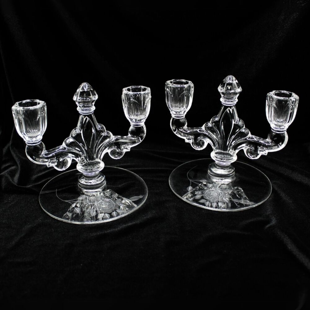 Vintage Heisey Trident Crystal Glass Two Light Double Candle Holder Rose Design